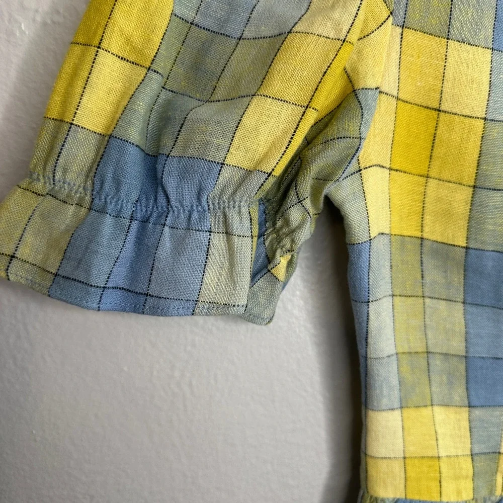 STAUD Dock Top in Coastal Blue Check Size 0 NWOT Plaid Peplum‎ Top Linen Blend